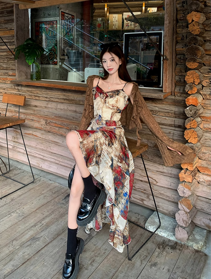 Fairy oil painting style suspender skirt swallowtail skirt dress lace cardigan two-piece suit R1718