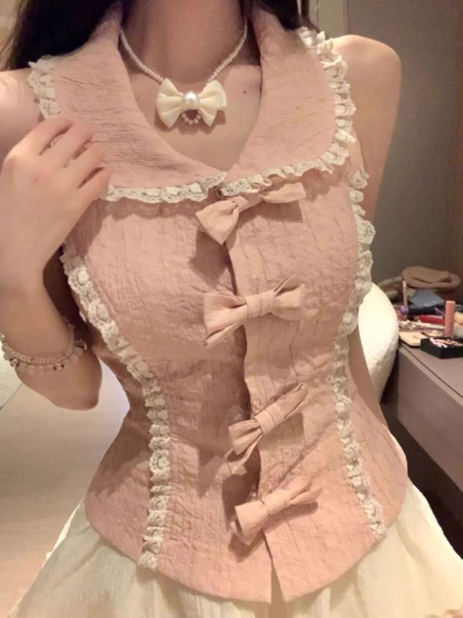Pure desire style doll collar bow sleeveless top 2025 sweet puffy skirt suit R1274