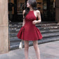 Red halter neck waist A-line slim short skirt homecoming dress R3655