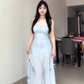 One dress with multiple wears Blue bow suspender dress Gentle temperament waist A-line long skirt R0464