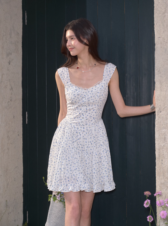 Tencel romantic slim floral dress women's summer French style sweet waist short skirt R3331