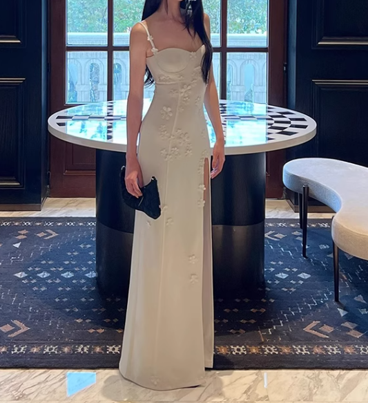 Thousand-dollar three-dimensional flower sling dress 2025 waist-length slit dress long skirt R1199