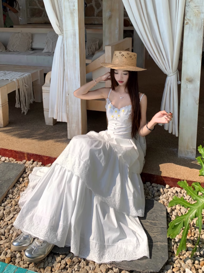 Fairy Qianjinfeng waist skirt daisy flower gentle white moonlight cake dress R1748