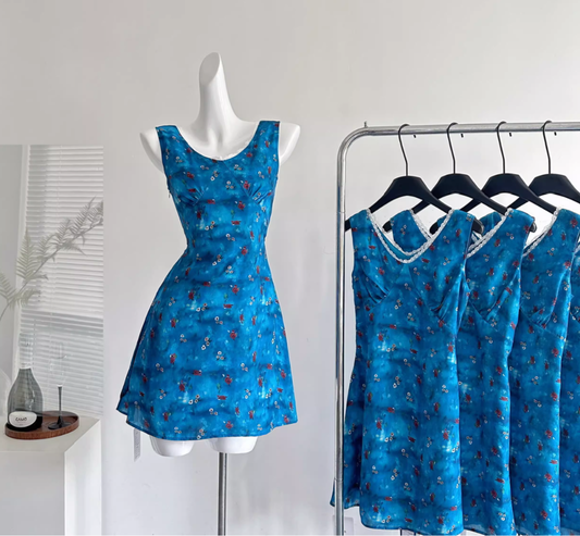 Priyanka floral V-neck chiffon waist sleeveless short dress R2059