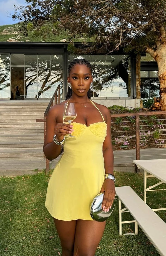 Yellow halter neck strapless sexy waist slim short skirt homecoming dress R3769