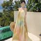 Beach vacation yellow gradient lazy style loose sling gentle style temperament dress R1630