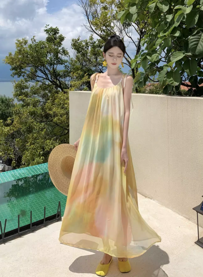 Beach vacation yellow gradient lazy style loose sling gentle style temperament dress R1630
