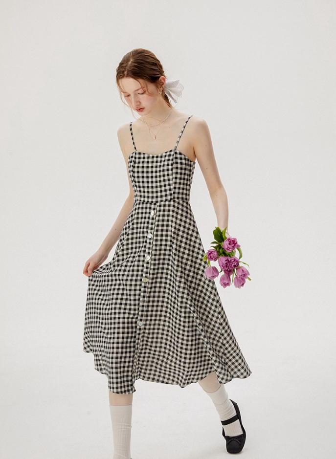 French retro plaid suspender dress niche design skirt women summer R3562