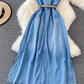 Light mature style sleeveless denim dress new French retro waist slimming A-line shirt long skirt R0407
