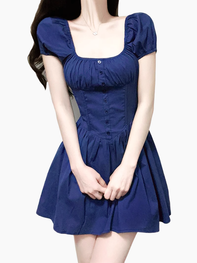 2025 Summer New Blue Square Neck Puff Sleeve Waist Slimming Short A-Line Dress R0944