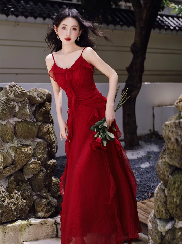 Fairy French retro red dress high-end dress ruffled sling beach dress R1714