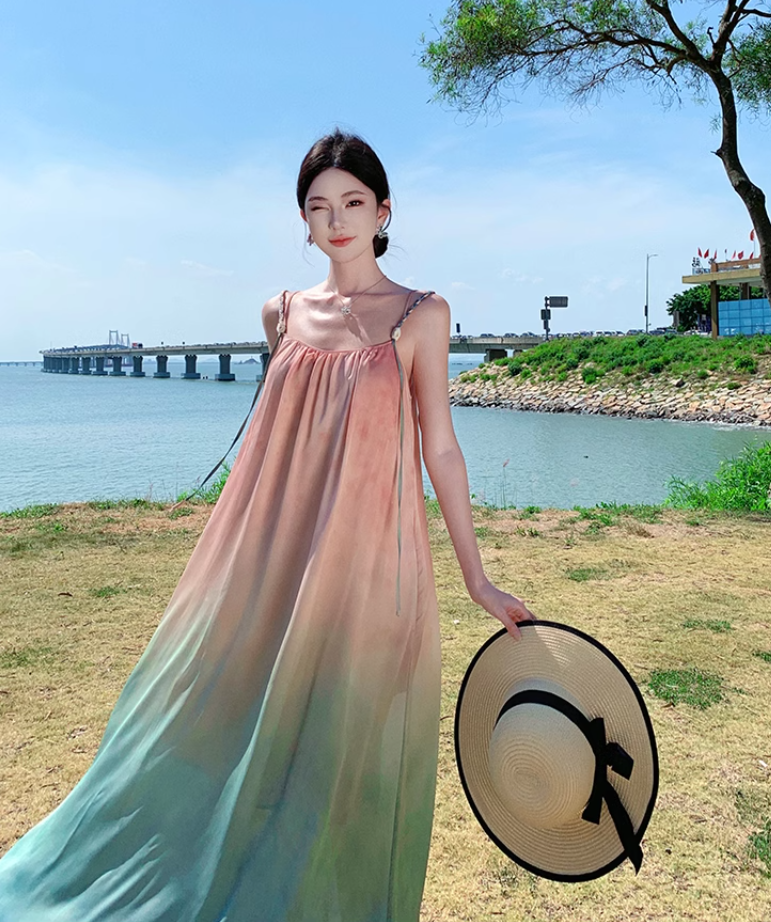 Beach holiday style gradient loose suspender beach dress atmosphere skirt R1580