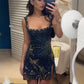 Blue starry sky sequined suspenders waist hip skirt homecoming dress R2838