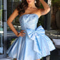 Blue satin tube top waist bow slim A-line puffy skirt homecoming dress R3815
