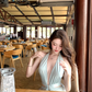 Blue V-neck hollow sleeveless halter dress waist banquet dress R0562