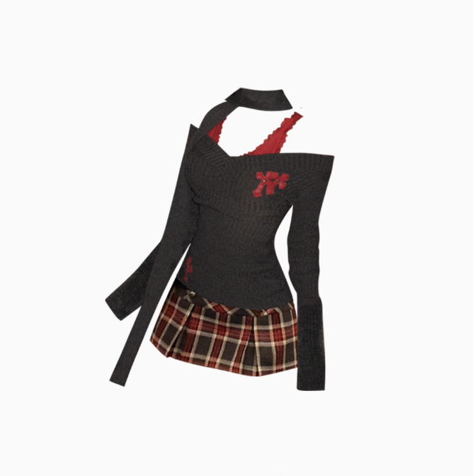 College Style V-Neck Long Sleeve Knitted Sweater 2025 Sweet and Spicy Plaid Skirt Set R1296