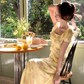 Sunset romantic atmosphere yellow floral dress women's holiday wear long dress R4342