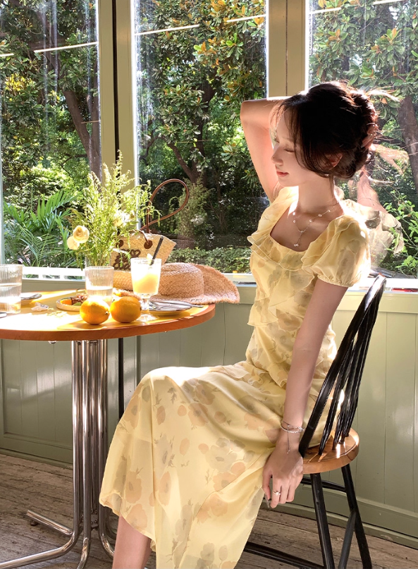 Sunset romantic atmosphere yellow floral dress women's holiday wear long dress R4342