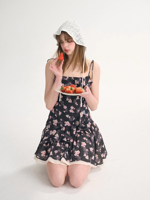 French style skirt short suspender skirt floral dress small flower skirt R2753