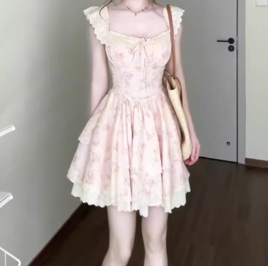 Gentle style pink floral dress beautiful waist A-line tutu skirt R0736