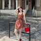 Retro plaid niche design temperament waist slimming suspender dress sweet short skirt R1552