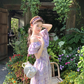 Purple long printed waist dress for women summer French retro temperament high-end skirt R4581