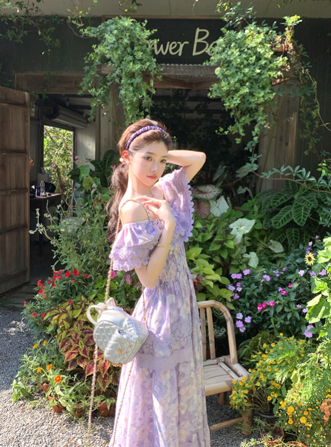 Purple long printed waist dress for women summer French retro temperament high-end skirt R4581