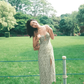 Dress French style retro green floral slim backless slit long suspender dress R2931