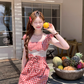 Pink mid-length square collar plaid waist suspender dress women's summer A-line skirt R4903