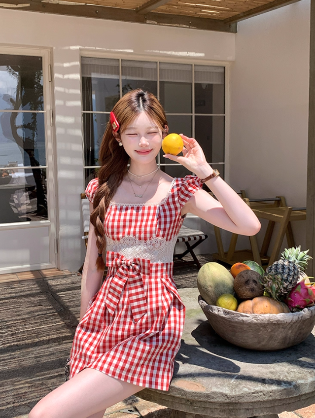 Pink mid-length square collar plaid waist suspender dress women's summer A-line skirt R4903