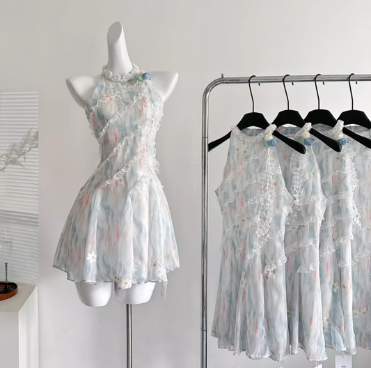 Summer sweet slim waist design short dress R2002