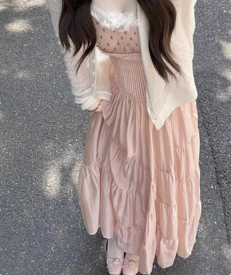 French pleated suspender dress 2025 pure desire style waist a-line fairy long dress R1325