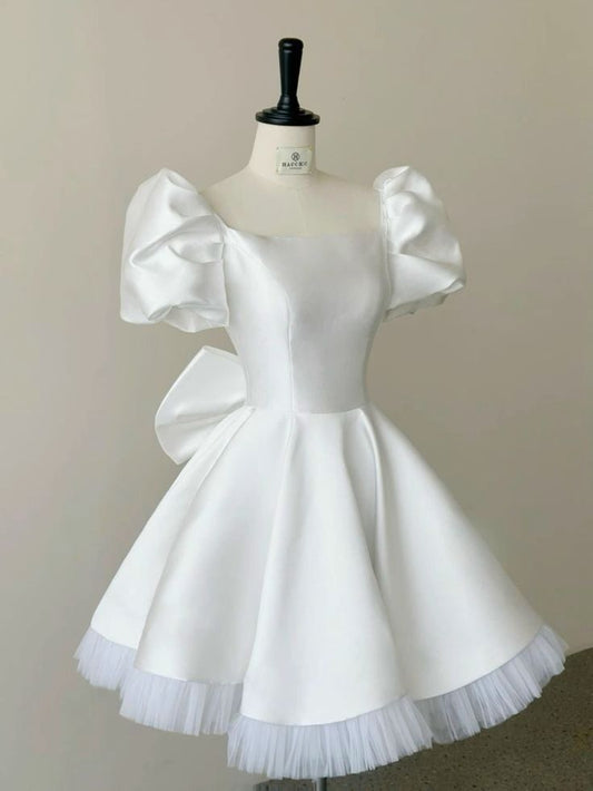 White princess skirt bubble sleeve slim cute butt homecoming dress R2501