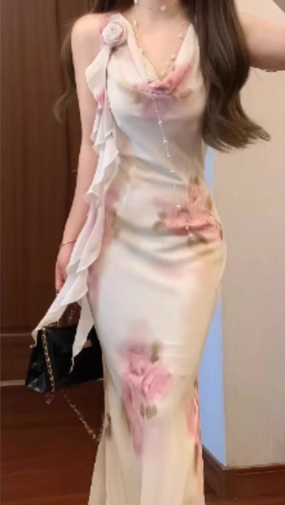 Temperament pink swing collar floral dress unique waist slim hip skirt R0530