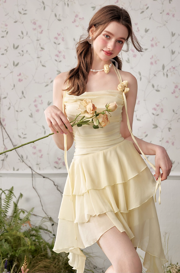 French style ruffled suspender dress for women with a short skirt R4540