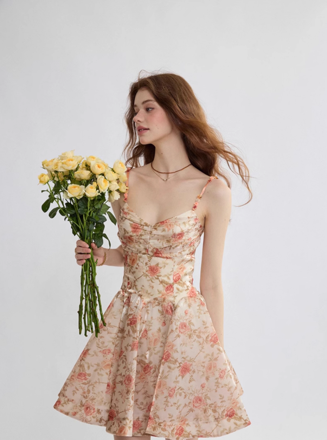 French suspender dress floral dress holiday wear short skirt R2698