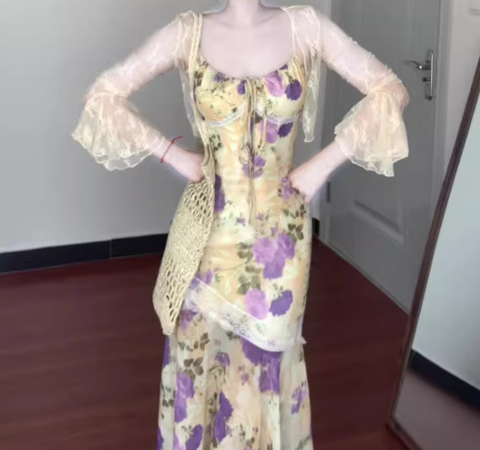 Suspender floral dress beautiful small skirt gentle temperament waist fishtail skirt R0664