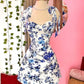 Blue floral halter waist A-line short skirt homecoming dress R3111