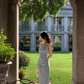 French square neck blue suspender dress waist temperament high-end slim long skirt R4338
