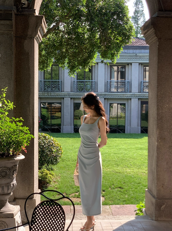 French square neck blue suspender dress waist temperament high-end slim long skirt R4338