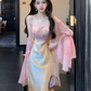 Gentle and elegant pink jacquard suspender dress with slim waist and hip skirt R0485