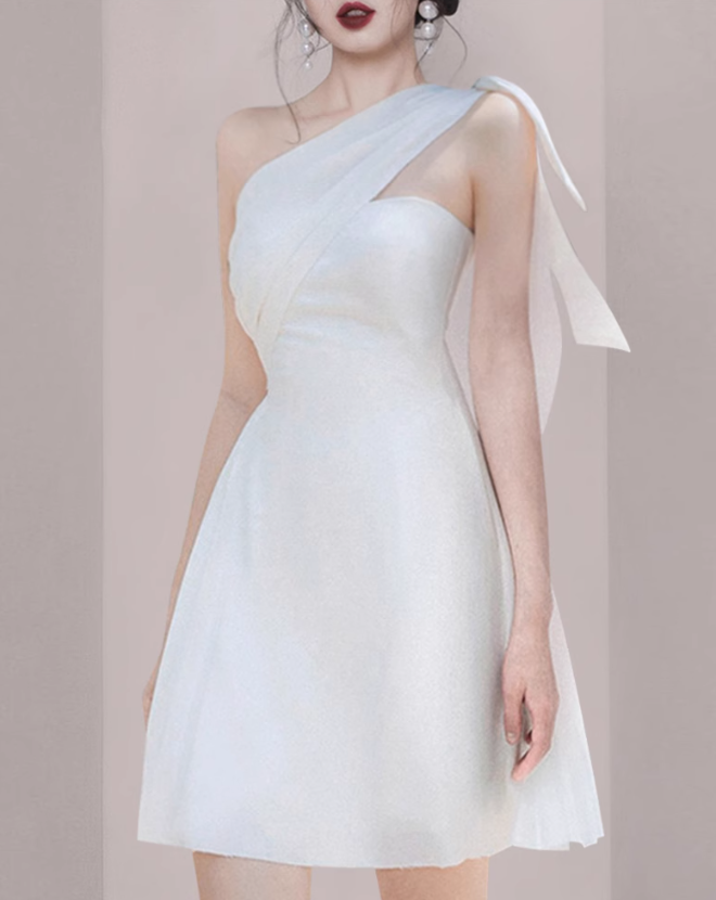 French style white one-shoulder short evening dress banquet slim dress dress homecoming dress R2979