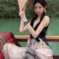 Ink print dress sexy backless holiday design sling sexy V-neck lazy skirt R1489