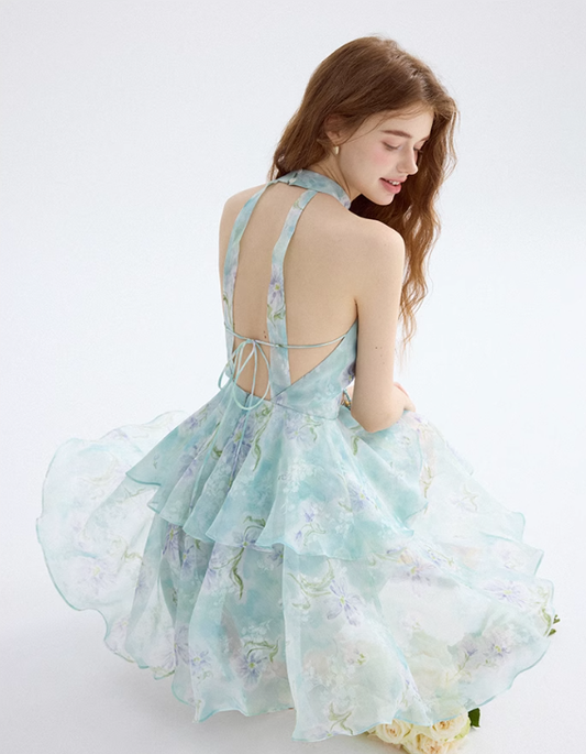 Floral dress halter neck suspender skirt short skirt vacation wear skirt women summer R3453