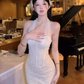 French lace splicing mesh halter dress 2025 waist hip evening dress R1286