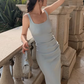 French sexy backless suspender dress slim fit high-end niche medium and long hip skirt R1449
