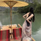 Ink print dress sexy backless holiday design sling sexy V-neck lazy skirt R1489