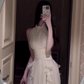French style white sleeveless halter dress with gentle temperament, ruffled waist and slimming A-line long skirt R0433