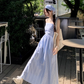 Fairy romantic French blue plaid long skirt tube top temperament design sling dress R1701