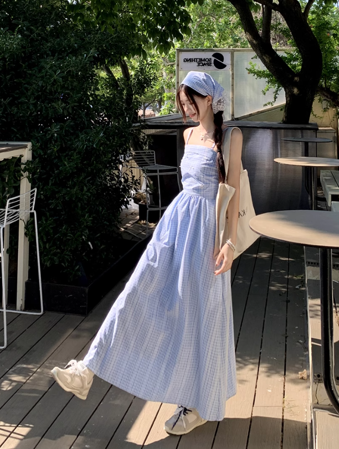 Fairy romantic French blue plaid long skirt tube top temperament design sling dress R1701